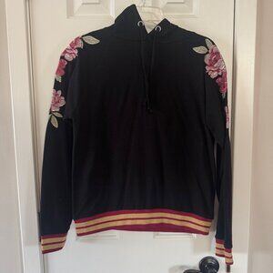 True Craft Womens Black Floral Embroidered Sleeves Hoodie Size S Small